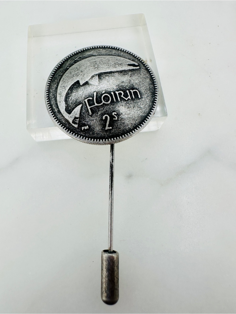 Vintage 1955 Irish Two Shilling Florin Salmon Coin Stick Pin Hat Pin